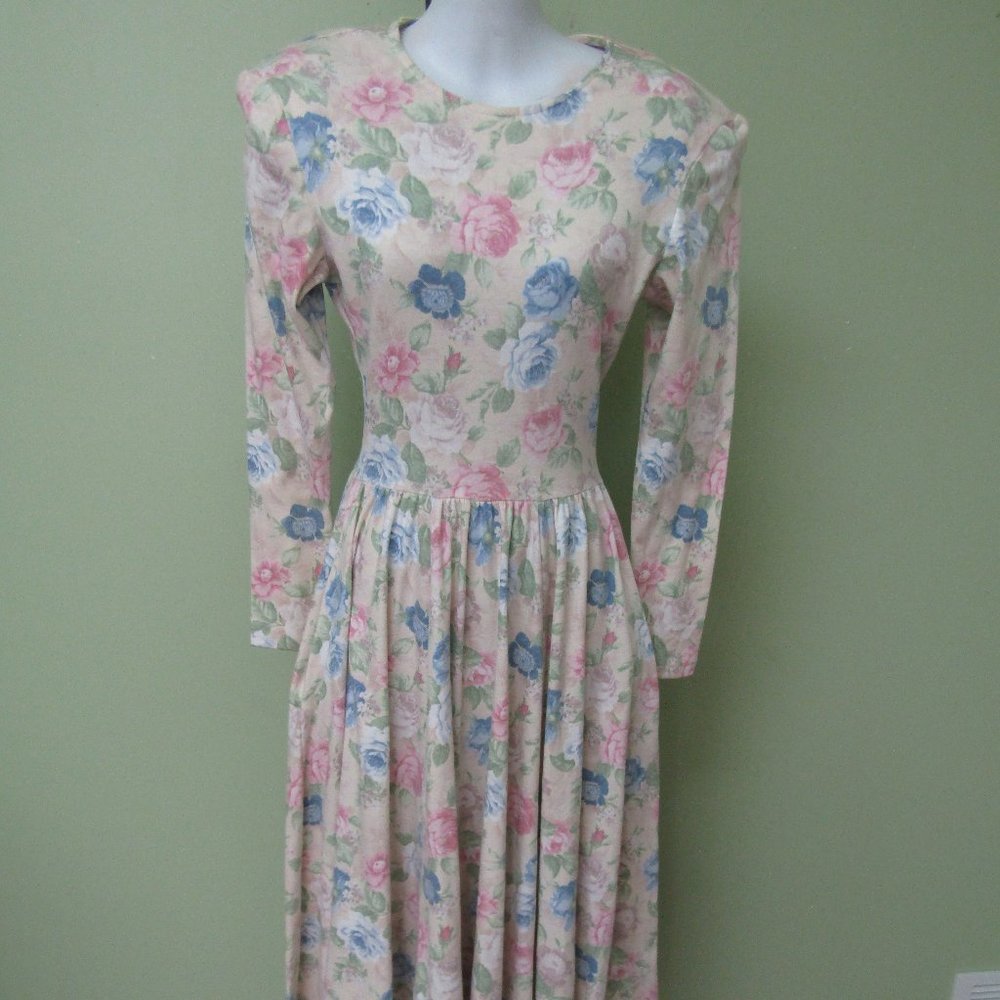VINTAGE 1980'S FLORAL POLY-COTTON  MIDI DRESS / SIZE 3/4